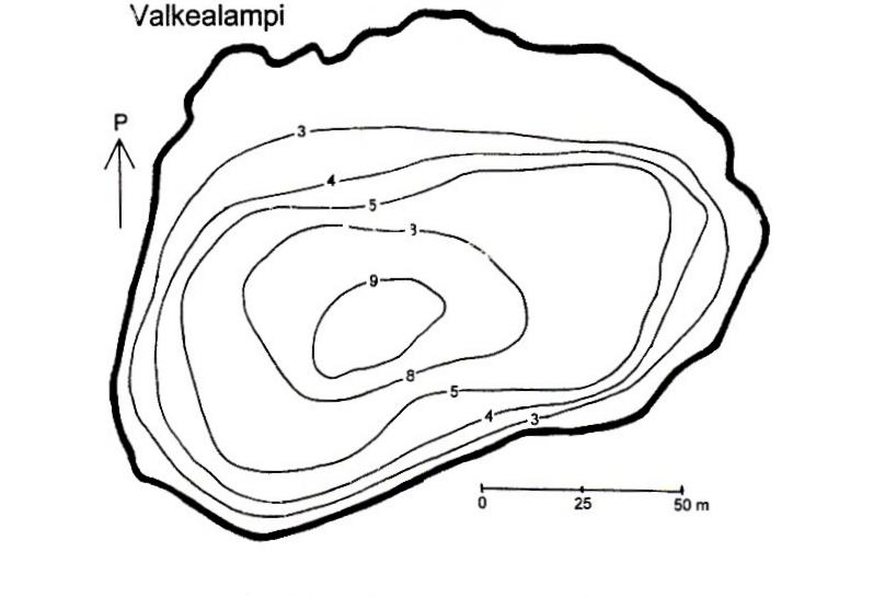 Valkealampi pinta ala,15 km 2 suurin syvyys 1 m Kuva 44. Valkealammen syvyyskartta Kunnaksen kaupunginosassa harjualueen keskellä sijaitseva pieni Valkealampi oli aikoinaan kirkas ja vähäravinteinen.