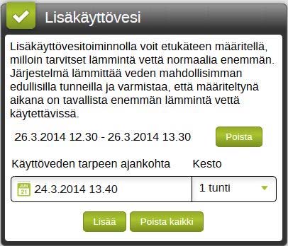 Lisälämmityksen kytkeminen päälle 'lämmitä heti' -toiminnolla Kotitonttu-palvelu Lämmitä heti -toiminto ohjaa varaajan lämmityksen päälle kolmeksi tunniksi riippumatta muista ajastuksista tai