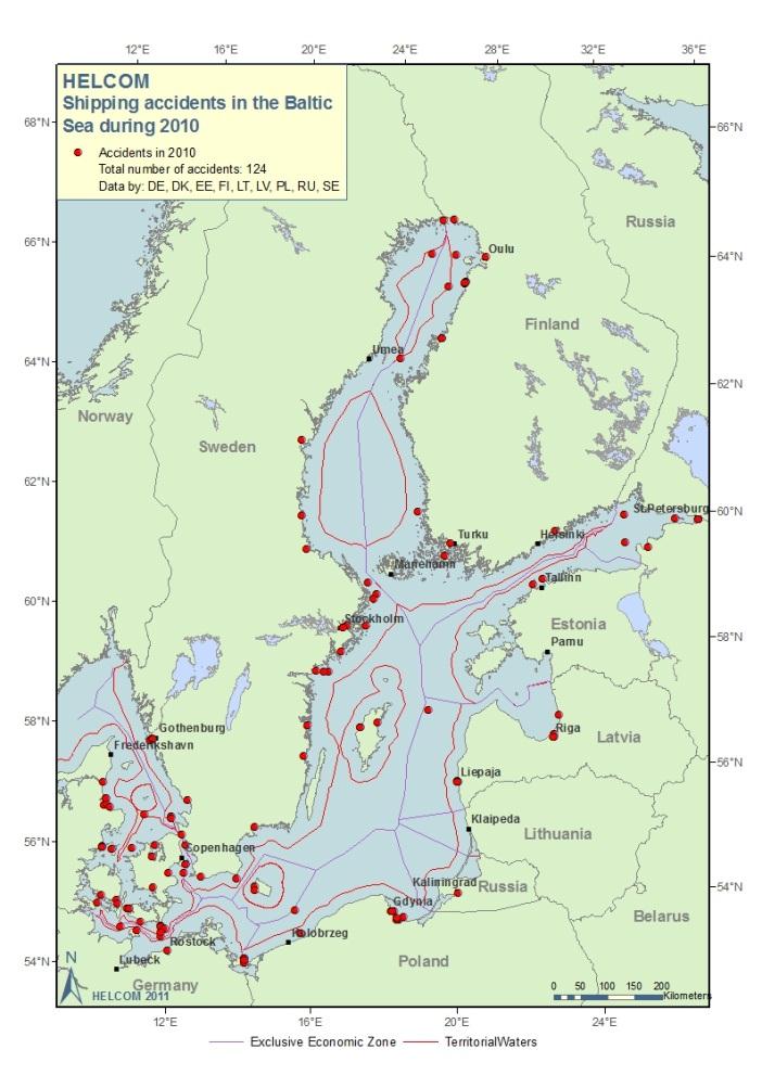 No. of accidents Laivaonnettomuudet 160 Number of reported accidents in the Baltic Sea during the period 2001-2010 140 120 100 8 13 5 4 9 10 10 80 11 125 133 60