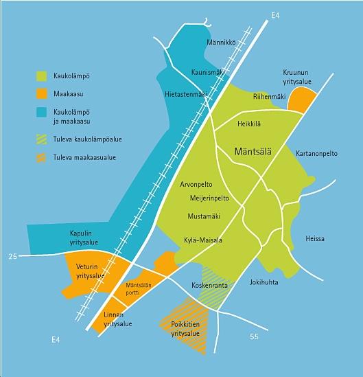 UUSIUTUVAN ENERGIAN KUNTAKATSELMUS 16 (43) Kuva 10. Kaukolämmön ja maakaasun jakelualuekartta (Mäntsälän Sähkö Oy).