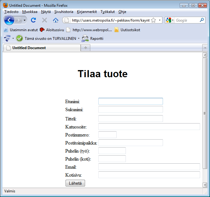 35 HTML-lomakesivun tekemiseen ei vaadita suurta vaivannäköä. Kuvassa 8 on näytetty lomakesivu selaimessa.