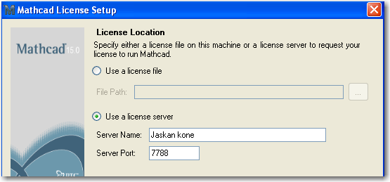 Tapa 2 Käytetään kelluvaa lisenssi ä Jos on valittu I want to configure Mathcad to use a FlexLM server, pyydetään kertomaan lisenssipalvelimen nimi ja käytettävä