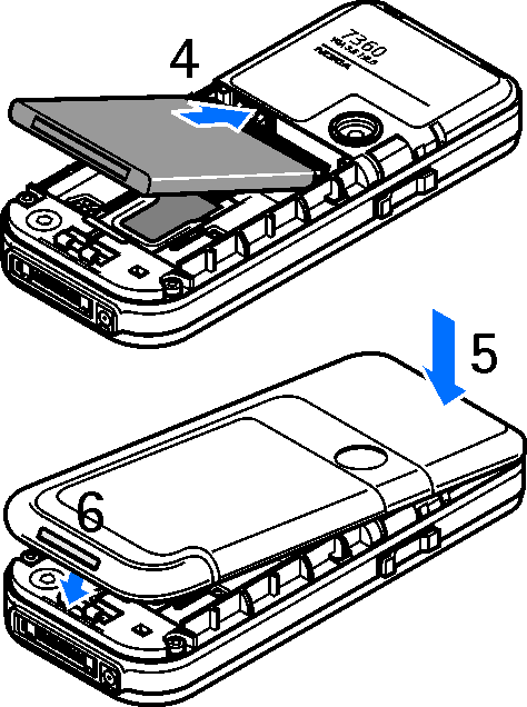 Aseta akku paikalleen (4). Katso, että akun liittimet tulevat oikeaan kohtaan. Käytä aina alkuperäisiä Nokian akkuja.