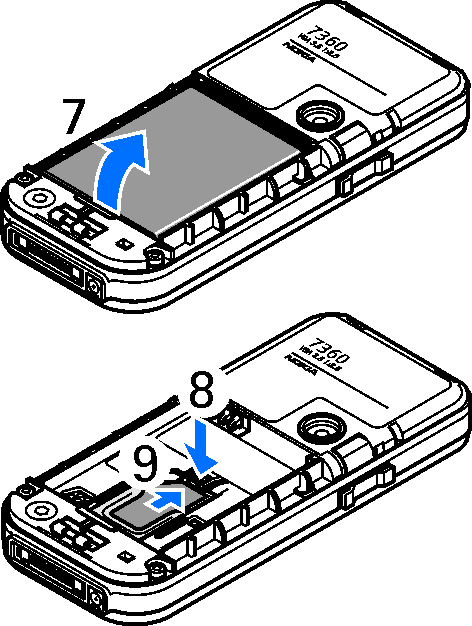 Aseta takakuoren yläosa puhelimen yläosaa vasten (5) ja lukitse takakuori paikalleen painamalla sen alaosaa (6).