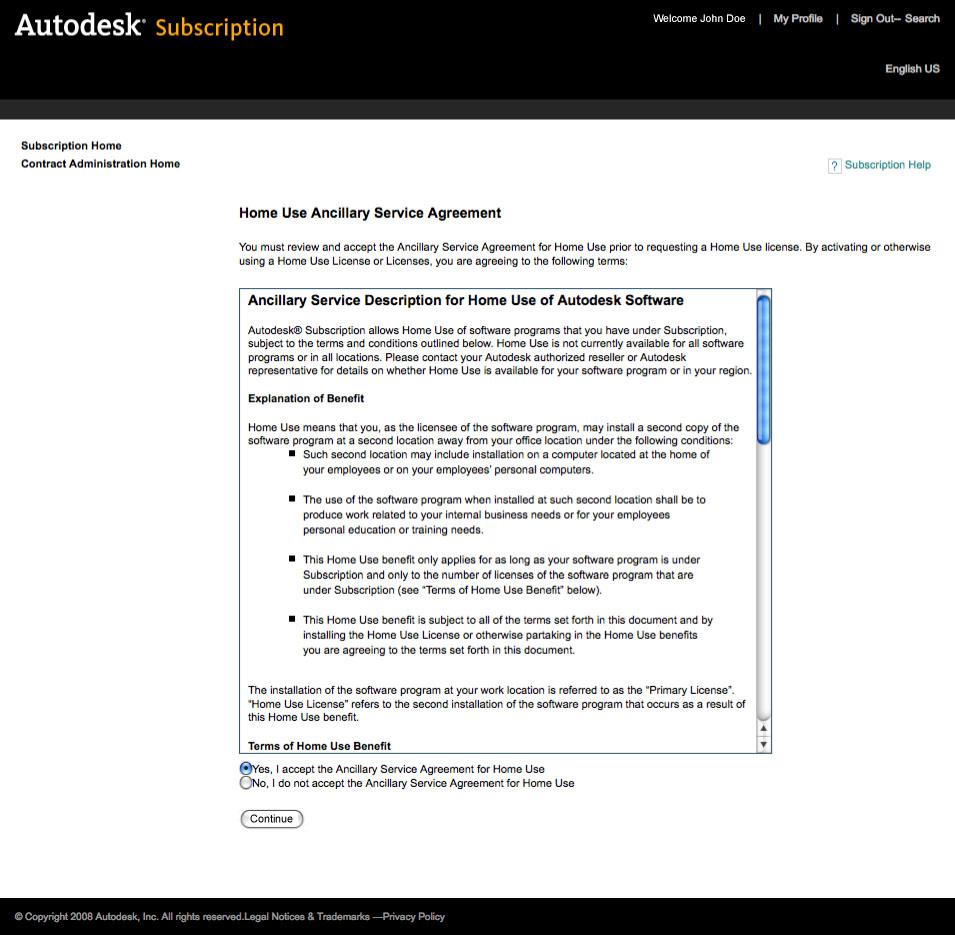 Työasemalisenssille (standalone), yksinkertaisesti hyväksy sopimus ja klikkaa Continue. Voit nyt asentaa Autodesk-ohjelmasi kotikoneelle sekä toimistokoneellesi.