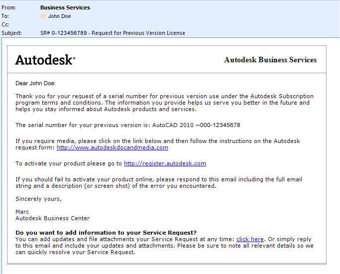 Kun olet lähettänyt pyyntösi, tulet saamaan sähköpostin Autodesk Business Services:tä. Sähköpostista löydät sarjanumeron aiemmalle versiolle.