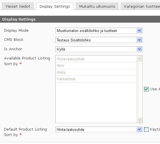 Sisältölohkon sitominen Kategoriaan Sisältölohkon voi sitoa kategoriaan Katalogi -> Hallinnoi kategorioita -> Display Settings -> Display Mode, valitse näytetäänkö sekä sisältölohko ja tuotteet vai