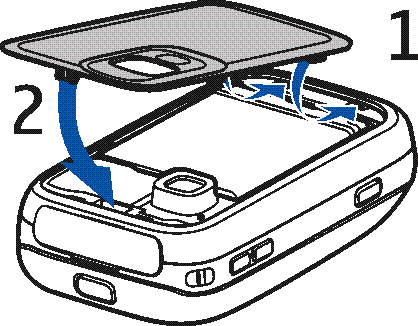 4. Aseta takakuori puhelimen kahteen lukitussalpaan (1) ja sulje takakuori painamalla sitä kevyesti alaspäin (2).