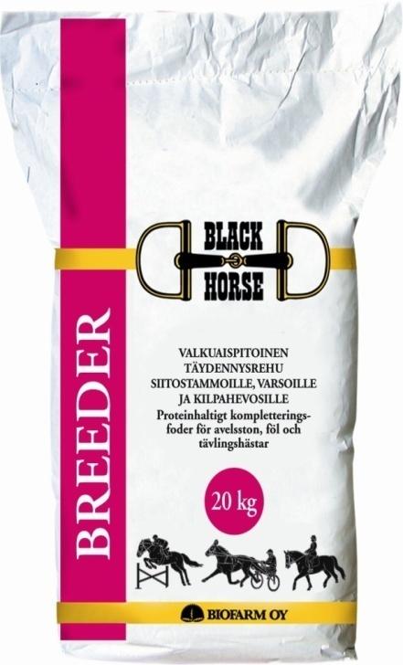 Black Horse Breeder Valkuaispitoinen täydennysrehu siitostammoille, varsoille ja kilpahevosille. Monipuolinen valkuaiskoostumus ja korkea sulava raakavalkuainen.