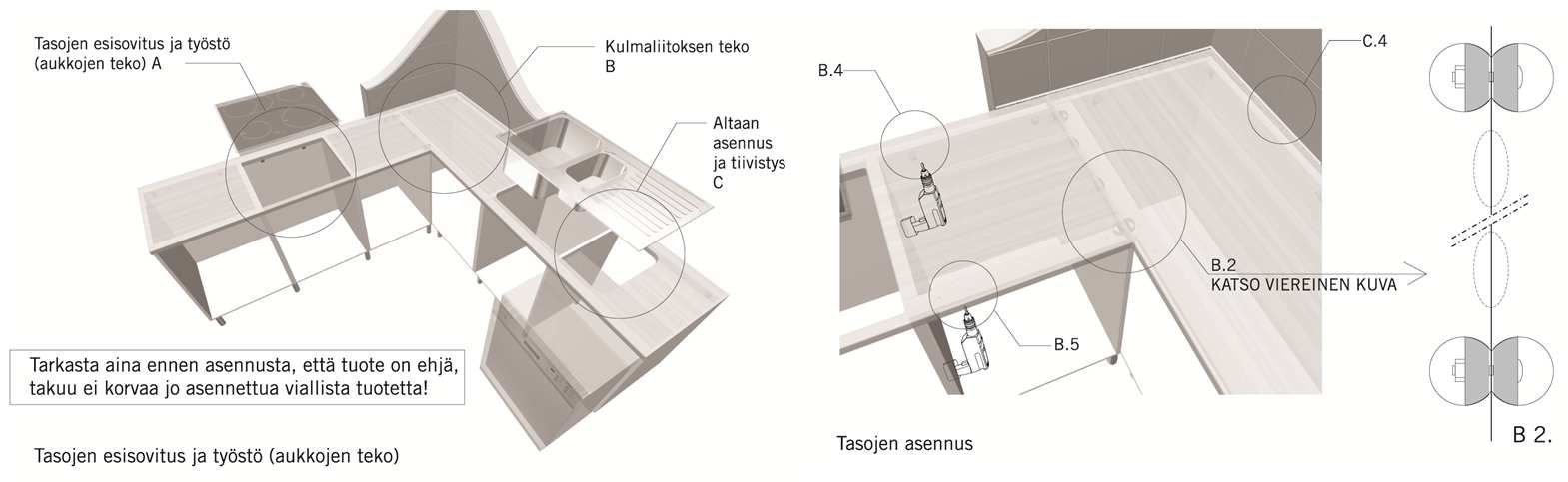 Laminaattitasojen asentaminen Tarkista aina ennen asennusta, että tuote on ehjä. Takuu ei korvaa jo asennettua viallista tuotetta!