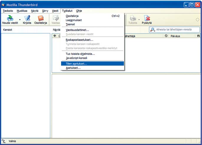 7.3. Sähköpostitilimääritykset Mozilla Thunderbird Kun käynnistät Thunderbirdin ensimmäistä kertaa ehdottaa ohjelma sähköpostitilin luomista.
