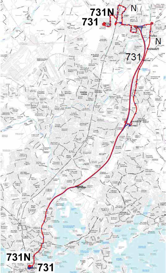 73 Linja 731 Linjan 731 perusreitti muuttuu kulkemaan Lahdenväylää Korson liittymään asti. Hiljaisen ajan liikenteessä ajetaan N-reittiä Lahdentien kautta.