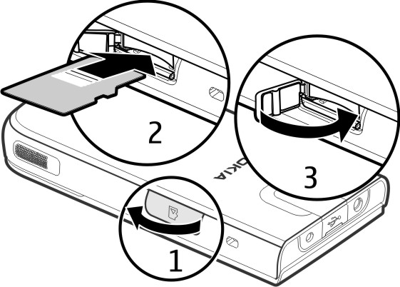 Alkuvalmistelut 7 Muistikortin asettaminen paikalleen ja poistaminen Muistikortin asettaminen paikalleen Käytä vain yhteensopivia microsdkortit, jotka Nokia on hyväksynyt käytettäväksi tämän laitteen