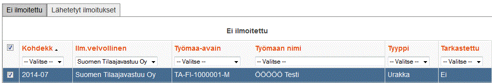 Työmaarekisteri 18 Sekä perusilmoitus että korjausilmoitus lähetetään valitsemalla vasemmalta valintaruuduista ne ilmoitukset, jotka halutaan lähettää.