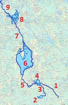 Tervareitin osat kartalla 1. Kuninkaanjoki 30 km 2. Räyringinjärvet 0,8 km² ja 3,4 km² 3. Levijoki 10 km 4.