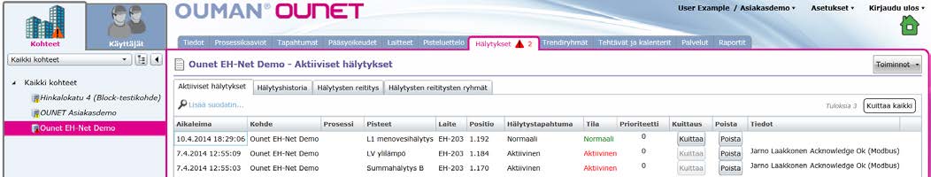 5.8 HÄLYTYKSET Hälytystilanteessa Kohteet -painikkeen päälle ilmestyy vilkkuva hälytysikoni riippumatta siitä, missä näytössä ollaan. Kohteen edessä näkyy, mikä kohde hälyttää.