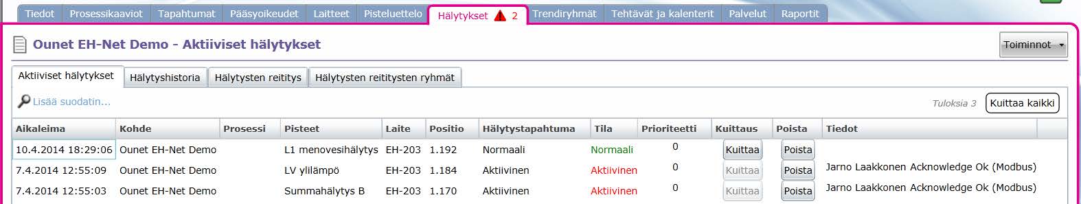 Kuittaamalla hälytyksen, vaihtaa hälytys tilansa kuitatuksi, mikä tarkoittaa, että jos hälytys poistuu laitteelta, poistuu se myös Aktiiviset hälytykset -näkymästä, kun normaali tilanne on saavutettu.