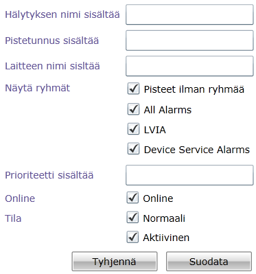 hälytysryhmät, jotka on kohteeseen listätty. Voit tarkastella, mihin ryhmään yksittäinen hälytys kuuluu Prioriteetti: Hälytyksen prioriteetti.