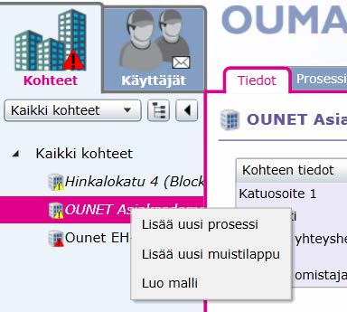 4. Täytä kohteen perustiedot, laskutustiedot sekä kohteen tyyppitiedot ja tallenna. Kohteen nimi: esim. AsOy Voimanpesä Positio: Yksilöllinen tunniste kohteelle, jos on useita samankaltaisia kohteita.