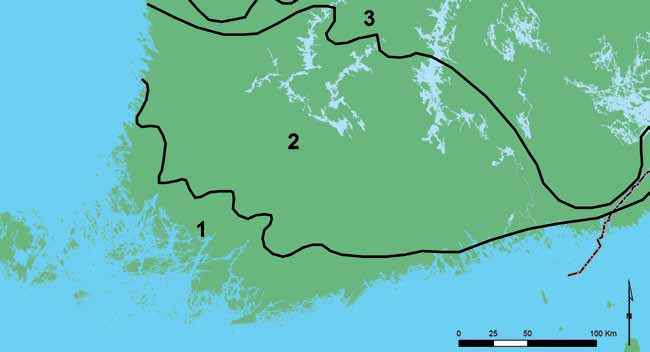Etelä-Suomen kasvimaantieteellinen vyöhykejako. 1 = hemiboreaalinen vyöhyke; 2 = eteleäboreaalinen, vuokkovyöhyke; 3 = eteläboreaalinen, Pohjanmaan rannikko ja Järvi-Suomi 13.