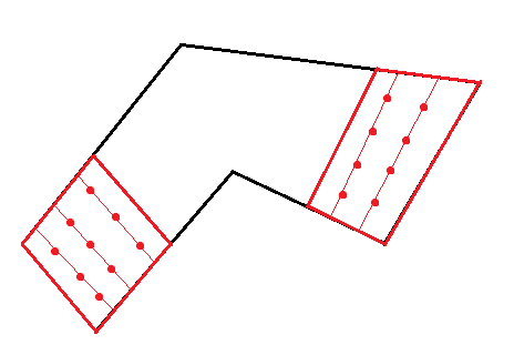 17 ossa 2 on esimerkki osa-alueiden sijoittumisesta taimikon eri reunoille. Samassa kuviossa punaiset pallot osoittavat koealaverkoston sijoittumisen alueille suoriin linjoihin 20m välein.