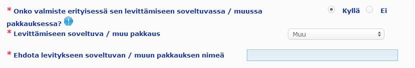 Vastatessaan asiaa koskevaan kysymykseen Kyllä (Yes) vastuuhenkilön on valittava levittämiseen soveltuva tai muu erityispakkaus pudotusvalikosta.