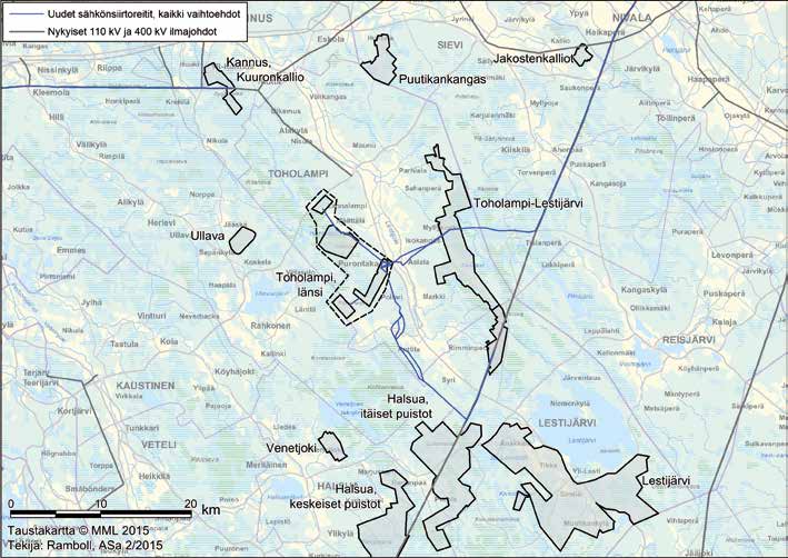 Kuva 129. Suunnitteilla olevat lähialueen tuulivoimapuistot, nykyiset ilmajohdot sekä Länsi-Toholammin ja Toholampi-lestijärven tuulipuistojen suunnitellut uudet sähkönsiirtoreitit vaihtoehtoineen.