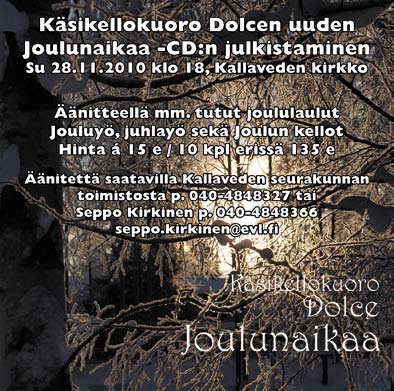 30-20.30 Adventin mukulamessu su 28.11. klo 16. Messussa mukana Juha Määttä ja Mari Vuola-Tanila. Parisuhteen palikat -tapahtuma su 5.12. klo 16. Aiheena: sitoutuminen. Lastenhoito järjestetty.