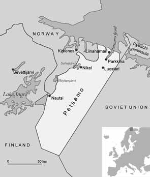 Petsamon alue. Kolosjoen kaivos on merkitty nykyisellä nimellään Nikel. Jäniskosken voimalaitos sijaitsee vaaleanpunaiseksi merkityllä alueella. http://fi.wikipedia.