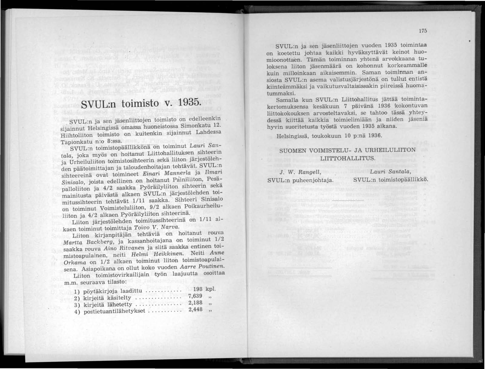 175 SVUL:n toimisto v. 1935. SVUL:n ja sen jäs~mliittojen toimisto on edelleenkin sijainnut Helsingissä omassa huoneistossa Simon'katu 12.