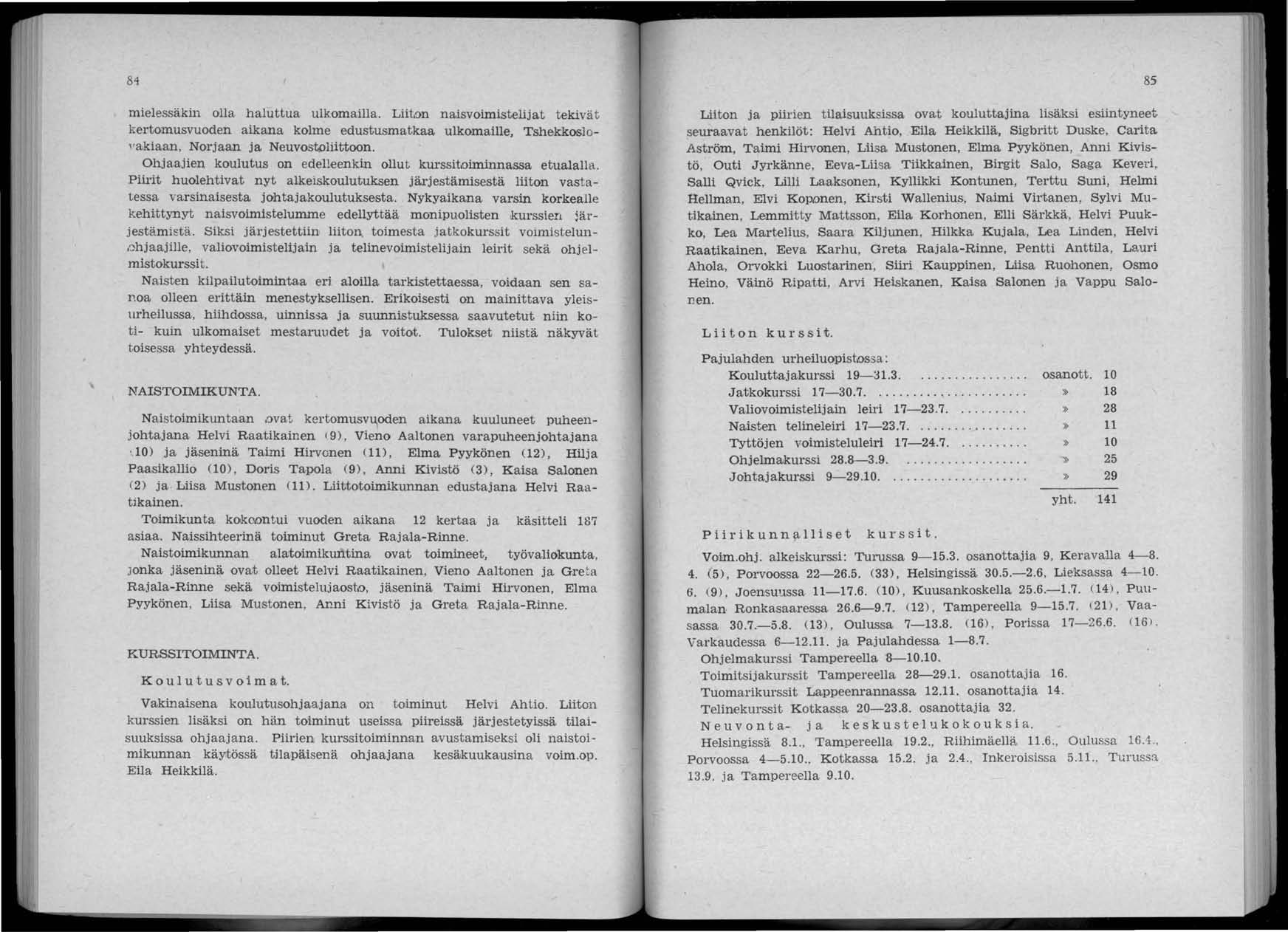 84 mielessäkul olla haluttua ulkomailla. Liit.:>n naisvoimistelijat tekivät kertomusvuoden aikana kolme edustusmatkaa ulkomaille, Tshekkoslovakiaan, Norjaan ja Neuvostoliittoon.