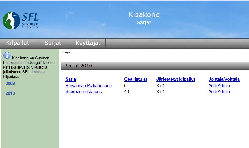 3.1.4 Sarjojen tietojen ja tulosten katsominen Kuva 5. Sarjojen listaus Vierailija voi katsoa sarjojen yleisiä tietoja ja mahdollisia tuloksia.