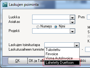 Laskujen toimitustapa -kenttään lisätään tieto Duettoon