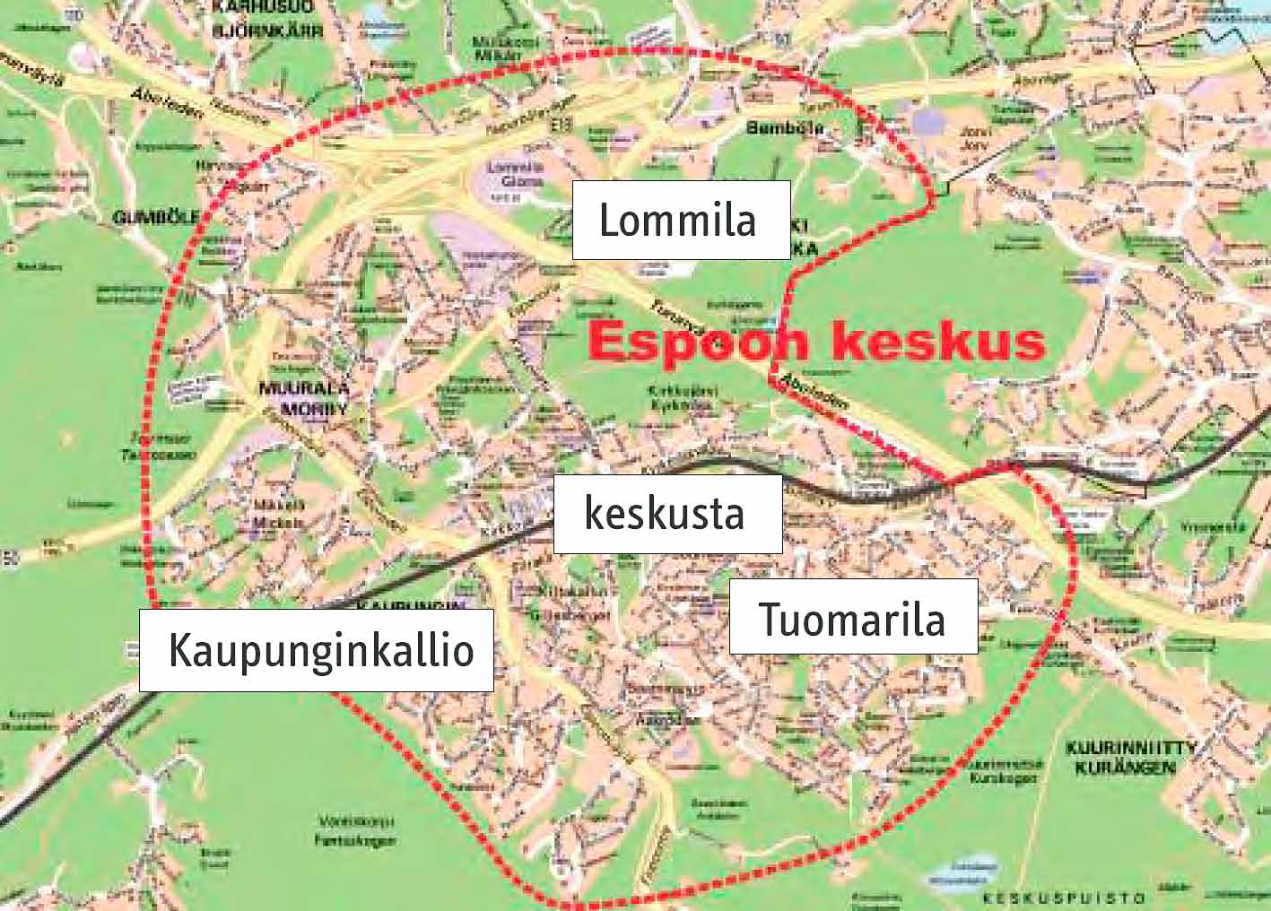 Akselin ansiosta Suvelan eristyneisyys vähenisi ja Espoon keskuksen palvelut saavutettaisiin helpommin. Kuva 7. Espoon keskuksen kehittämisohjelman kaupunkirakennekaavio.