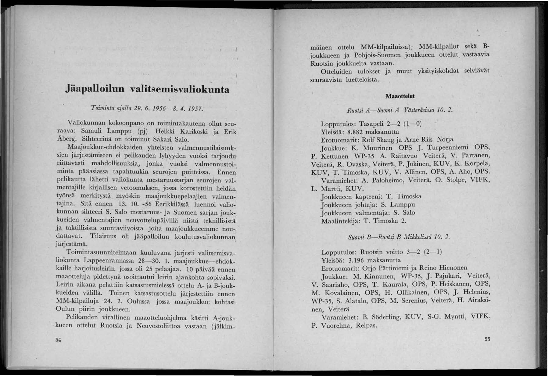 Jäapalloilun valitsemisvaliokunta Toiminta ajalla 29. 6. 1956-8. 4. 1957. Valiokunnan kokoonpano on toimintakautena ollut seuraava: Samuli Lamppu (pj) Heikki Karikoski ja Erik Aberg.