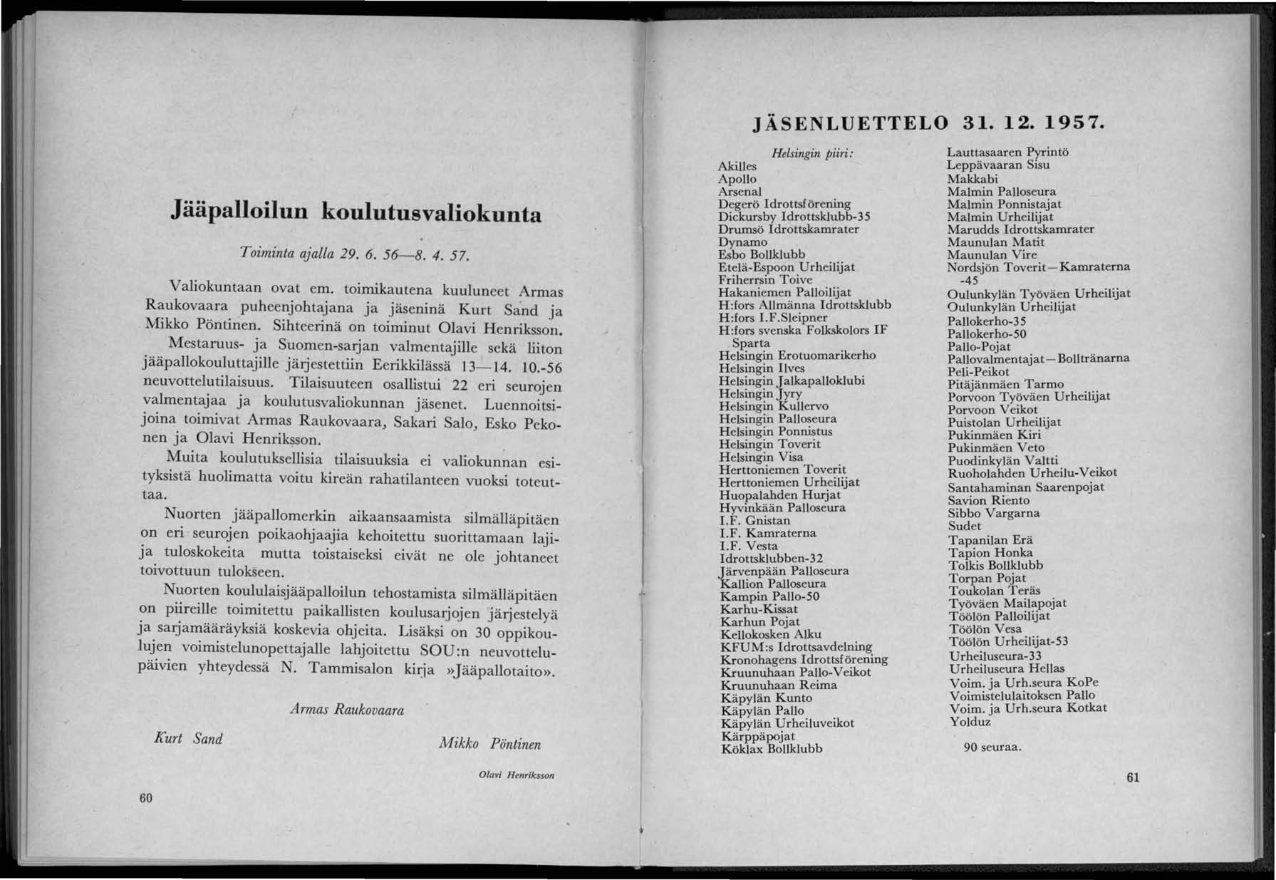 JÄSENLUETTELO 31.12.1957. Jääpalloilun koulutus valiokunta Toiminta ajalla 29. 6. 56-8. 4. 57.