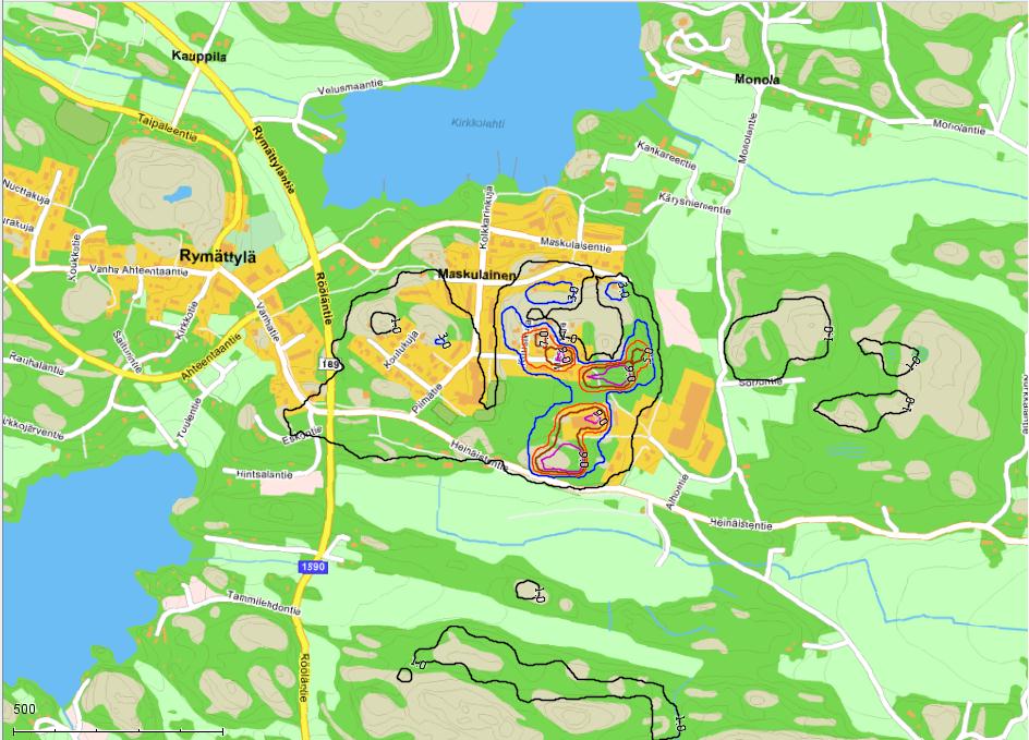 FCG SUUNNITTELU JA TEKNIIKKA OY Raportti 12 (17) Kuva 3. Tapaus 1 suurin hajupitoisuus arvioiduilla päästömäärillä.