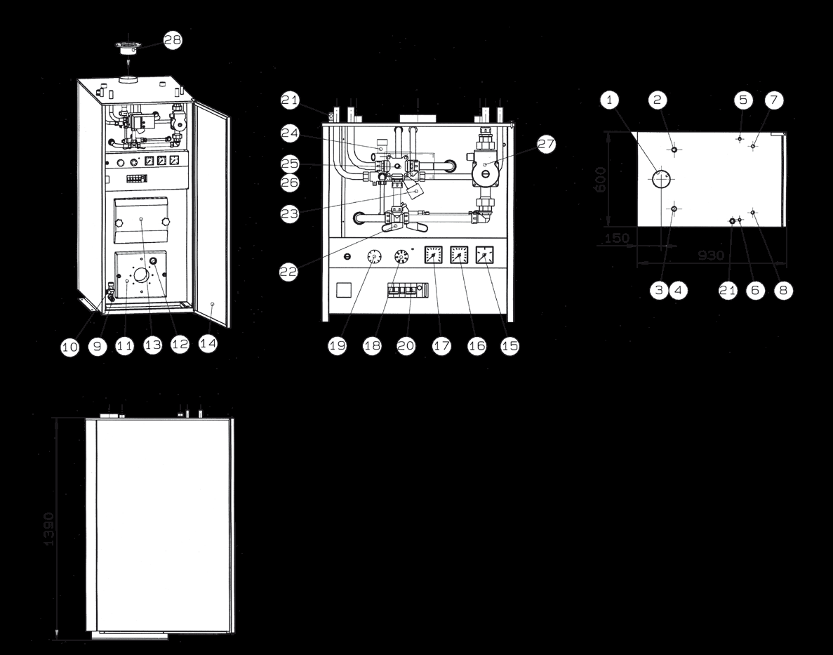 Lähtö lattialämmityspiirille DN25 (R1") (lisäpiiri) 4. Kiehuntayhde DN25 (R1") 5. Kylmä käyttövesi sisään Ø 18 mm. Lämmin käyttövesi ulos Ø 18 mm 7. Paluu patterilämmityspiiriltä Ø 22 mm 8.