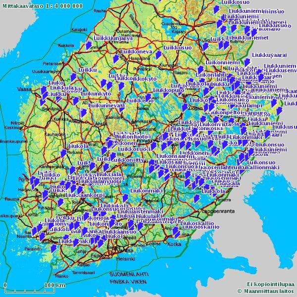 27 / 315 Liukko - nimipesyeen paikannimistöä Suomessa (n. 300 ks. karttakuva). Milloin ja miksi nimistö on levinnyt näin laajalle? Ks. tarkemmin tutkimuksen selvitykset mm.