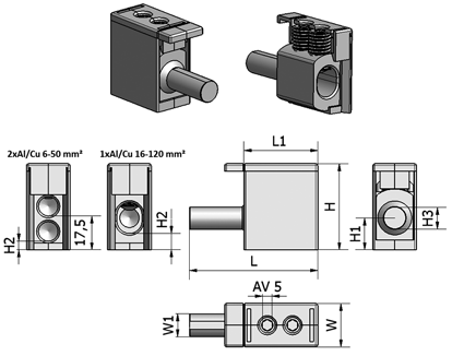 ), 7,5 Nm (10-50 mm 2 ) 50 52 024 08 VC06-0004 1xAl/Cu 2,5-50 690 80 42,5 30 27,5 11,5 9,5 5 17,5 6,9 5 3 Nm (2,5-6 mm 2 ), 7,5 Nm (10-50 mm 2 ) 50 52 011 91 VC06-0005 2xAl/Cu 6-50 690 200