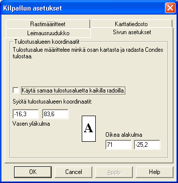 Sivun asetukset Tulostusalue on suorakaiteen muotoinen alue, joka määrittelee, mikä alue kartasta tulostetaan. Tulostusalue voidaan asettaa jokaiselle radalle erikseen.