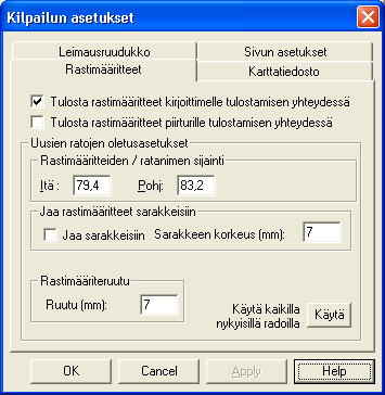 Rastimääritteet Tämän toiminnon avulla voit määritellä miten rastimääritteet tulostetaan yhdessä ratojen kanssa.