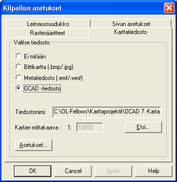 Karttatiedosto Tällä välilehdellä voit määritellä kilpailussa käytettävän kartan. Condes ei muuta itse karttaa. Condes ainoastaan lukee kartan tarvittaessa.