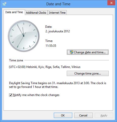 Kuva 116 Ajan muuttaminen Ajan muuttamiseen pääset napsauttamalla Change date and time (Muuta päivämäärää ja aikaa) -painiketta.