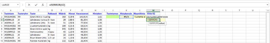 Kun jätät tuotetunnuksen syöttämättä soluun J2 antaa Excel kuvassa näkyvät virheilmoitukset (lähtöarvo puuttuu) soluun K2. Saat virheilmoituksen myös syöttäessäsi väärän tuotetunnuksen.