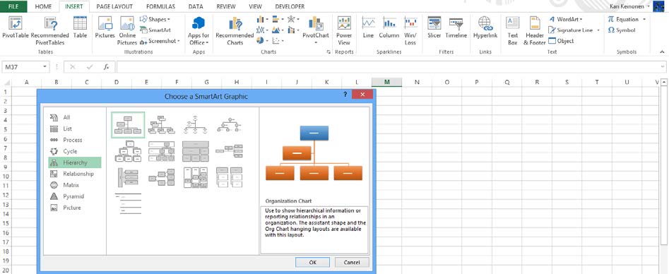 SmartArt-grafiikkaobjektit Harjoitustiedosto: SmartArt-objekti.xlsx Excel 2013 tuo mukanaan työkalun prosessi-, organisaatio- ja matriisikaavioiden luomiseen.