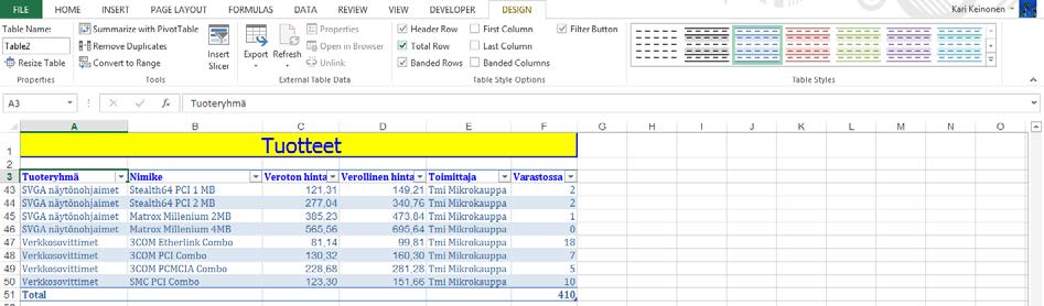 Harjoitustiedosto: Tuotteet.xlsx Lisää yhteenvetorivi taulukon alle Käytä Excelissä olevaa toimintoa laskennallisen yhteenvetorivin luomiseen.