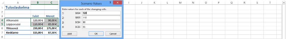 Changing cells (Muuttujasolut) -kenttään on valittu solut, joiden arvot saavat muuttua.