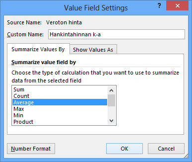 ja Kuva 267 Value Field Settings (Arvokentän asetukset) - valinnat Määritä ylemmälle arvokentälle kuvassa vasemmalla näkyvät asetukset.