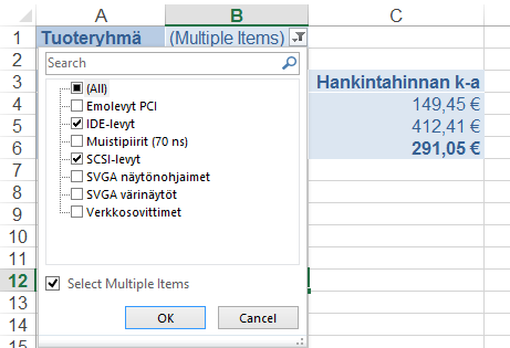 Pivot-taulukon suodattaminen Harjoitustiedosto: Tuoteluettelo-Pivot-ratkaistu.xlsx - Pivot2 -taulukko Suodatus tuottaa alkuperäisestä tiedosta tilannekohtaisesti rajoitetun yhteenvedon.